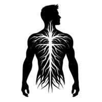A silhouetted human form displaying a branching network resembling tree roots across the back, symbolizing the interconnection of life, set against a minimalist white backdrop. vector