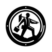 A monochromatic, stylized of a construction worker carrying tools and walking, enclosed within a circular frame, symbolizing labor. vector
