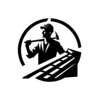 Black and white silhouette of roofer holding hammer inside circular frame, depicting construction and craftsmanship. vector