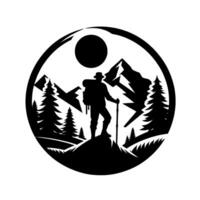 Silhouette of a hiker standing atop a hill, gazing at mountain peaks, with the sun overhead, framed within a circular border. vector