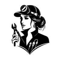 Elegant black white illustration of a stylish female mechanic in profile, holding a wrench, featuring steampunk goggles and automotive elements. vector