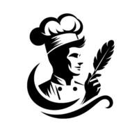 Stylized chefs profile holding quill amidst decorative swirls crescent, illustrated in monochromatic black white. vector