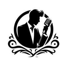 Silhouette of a stylish singer with vintage microphone, framed by a circle and ornate flourishes, radiating classic elegance and performance. vector