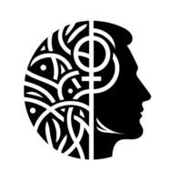 A stark black and white illustration depicting a human profile intertwined with symbolic, celticinspired designs and forms, possibly representing thought. vector