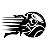 Silhouette of a basketball player in motion, dribbling and sprinting forward with speed lines, inside a stylized circular emblem. vector