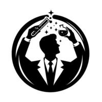 Silhouetted scientist amidst celestial sparkles, holding lab equipment within a circular frame, representing scientific discovery and research. vector