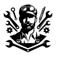 Black and white mechanic portrait with tools a stylized representation of a man wearing goggles and a cap surrounded by wrenches, gears and a pen. vector