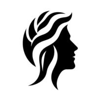 Silhouette of a womans face with flowing hair, intertwined with abstract white shapes, on a solid white background. vector