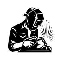 Bold black and white illustration of a welder in protective gear, focused on the welding process, with sparks emanating. vector