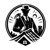 A silhouetted man in a suit with a scythe, framed in a circle with rooftop, castle, bats, sun, and abstract design. vector