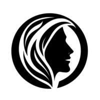 A minimalist, stylized silhouette of a womans profile within a circle, with flowing hair details, rendered in contrasting black and white. vector