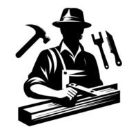Silhouette of a carpenter in work attire with tools hammer, saw, and plane, constructing a wooden plank vector
