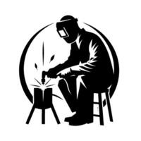Silhouette of a welder at work a minimalist illustration featuring a welder in a protective mask seated on a stool, focused on his craft. sparks fly as the torch meets the metal. vector
