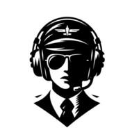 Silhouette of a pilot a stylized black and white illustration of a pilot wearing aviator sunglasses, headset, and uniform, capturing a sense of authority. vector
