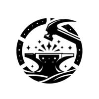 A blacksmiths emblem depicting a hammer striking an anvil, sparks flying amidst a circular decorative frame. vector