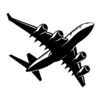 Bold monochrome illustration of a widebody jet airliner soaring in flight, depicted from a lowangle perspective against a white background, showcasing its engines, wings, and tail. vector