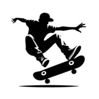 Silhouette of a skateboarder midair, executing a trick with arms outstretched, capturing dynamic movement and stylized graphic. vector