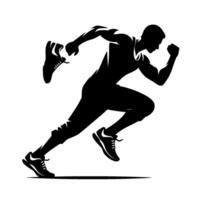 Dynamic silhouette of a runner in motion a depiction of speed and athleticism with detailed shoe illustration, captured in bold black and white contrast. vector