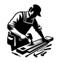 Silhouette of a carpenter hammering wood a black and white illustration with tools, apron, and cap. vector