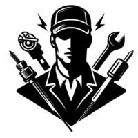 Bold monochrome mechanic a capwearing technician surrounded by tools and electric sparks, representing expertise and professionalism. vector