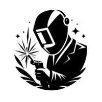 Silhouette of a welder with a focused gaze, sparks erupting, in a stylized, minimalist black and white composition. vector