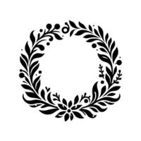 An elegant, circular floral wreath in stark black against a crisp white background, showcasing intricate leaf and berry details. vector