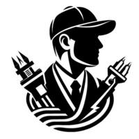 Silhouette of an electrician in a cap and suit holding electrical connectors, a symbol of electrical power and service in a sleek, modern design. vector