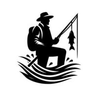 Silhouette of a fisherman standing in water, holding rod, and catching a fish, with waves surrounding, and a backpack. vector
