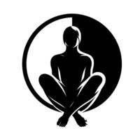 Yin yang silhouette of a meditating figure with legs crossed, contained within a circular frame, representing balance and harmony in stark black and white. vector