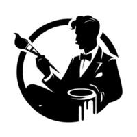 Elegant silhouette of a painter in formal attire, holding brush and paint pot, within a circle. vector