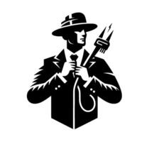A stylized, noirinspired illustration of a suited man in a fedora, holding an electrical plug with lightning bolts, embodying a powerful connection. vector