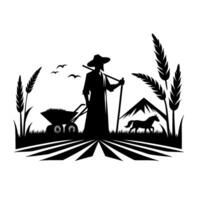 Silhouette of a farmer standing amidst crops, a horse, mountains, and sky with birds, rendered in a simplistic, minimalist style. vector