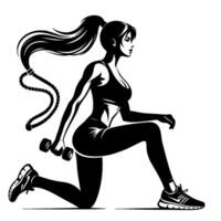 Sleek black and white illustration of a woman in workout gear lunging with dumbbell, featuring a long ponytail and jump rope. vector