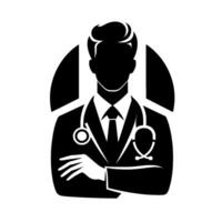 Silhouette of a confident doctor in a suit, stethoscope around his neck, arms crossed, set against a white backdrop with windowlike shapes. vector