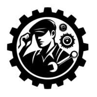 A stylized mechanic in a black and white logo, surrounded by gears and a wrench, wearing a cap, symbolizing industry and precision engineering. vector