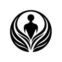 A symmetrical black silhouette of a person within a circle of stylized leaves, symbolizing growth and serenity, against a white background. vector