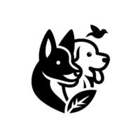 A stylized, minimalist showcasing two dog silhouettes black and white with a bird, nestled around a leaf. vector