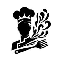 Silhouette chef with flowing culinary ornament and fork, an elegant black and white food illustration. vector