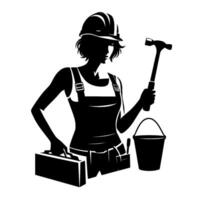 Silhouette of a female construction worker in overalls, holding a hammer and toolbox, with a bucket, and a hard hat, set against a white backdrop. vector