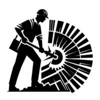 Silhouetted construction worker wielding a pickaxe, shaping a stylized mechanical turbine, in a bold, blackandwhite design, signifying industry. vector