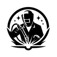 A stylized, black and white emblem of a welder in a protective mask, sparks flying as he welds, framed by a circular border and stars. vector