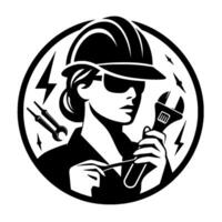 Silhouette of a female engineer in a hard hat and sunglasses holding a wrench inside a circular frame with symbolic elements. vector