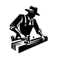 A silhouetted craftsman, clad in a hat, shirt, and tie, meticulously works with a saw on a workbench, demonstrating a focused, professional approach to woodworking. vector