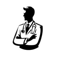 Silhouette of a medical professional with arms crossed, featuring stethoscope, coat, and tie, on a solid white background. vector