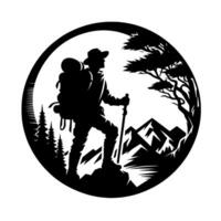 Silhouette of a hiker with backpack and trekking pole traversing mountainous terrain, encapsulated in a circular with trees and peaks. vector