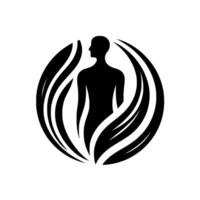 A minimalist silhouette depicting a human figure enclosed within a circular arrangement of stylized, fluid, winglike shapes, evoking a sense of protection and inner peace on a pure white background. vector