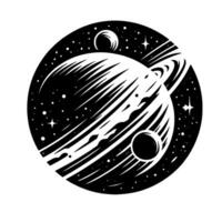 A monochrome celestial scene in a circular composition, featuring a ringed planet, two moons, stars, and a cosmic void, evoking wonder. vector