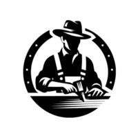 A silhouetted craftsman in overalls and hat, working with a tool, encased within a circular emblem. vector