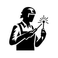 Black and white silhouette of a welder in action, wearing a protective helmet and work apron, creating sparks, against a plain white background. vector