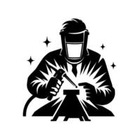 Silhouette of a welder focused on his craft, welding sparks emanating, with starry accents, in a monochromatic, logostyle illustration. vector